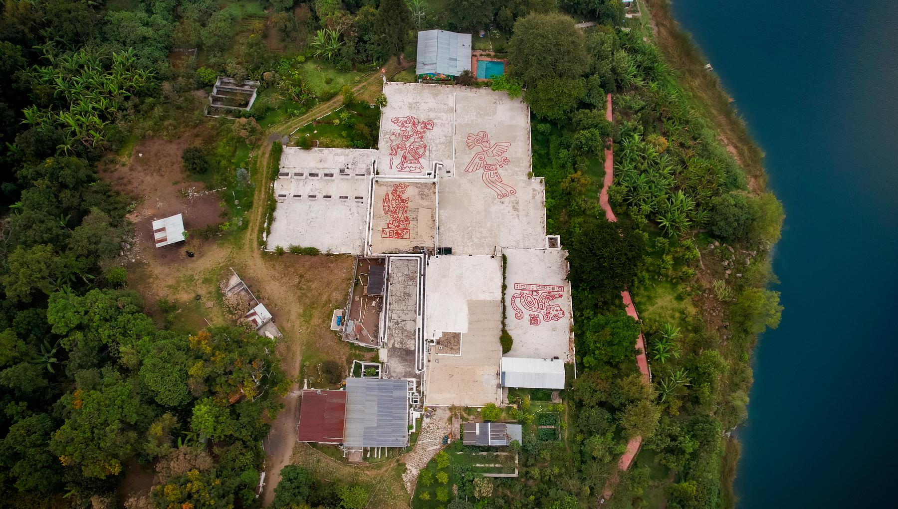 Aerial view of Finca Venecia between the forest and Lake Atitlán