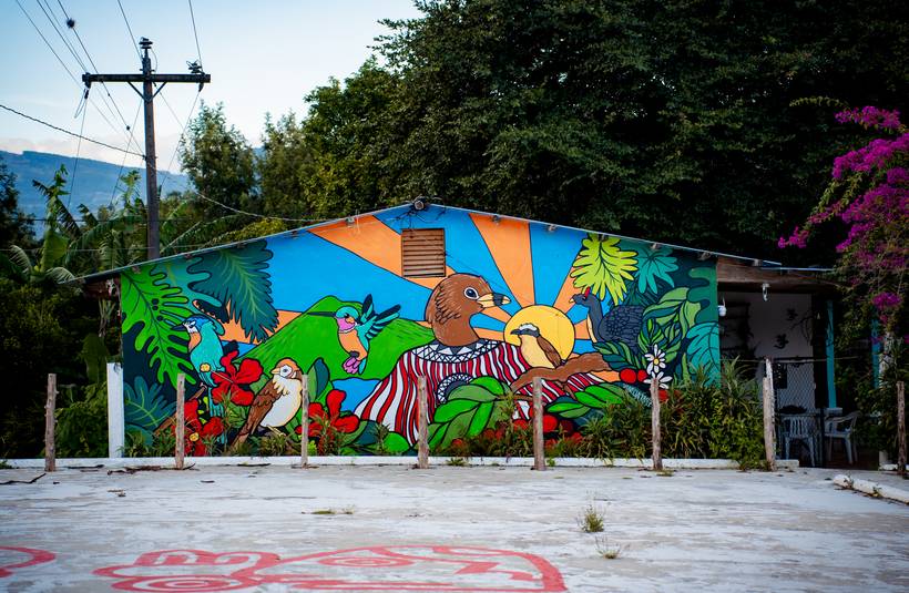 Colorful mural by Leke at the finca