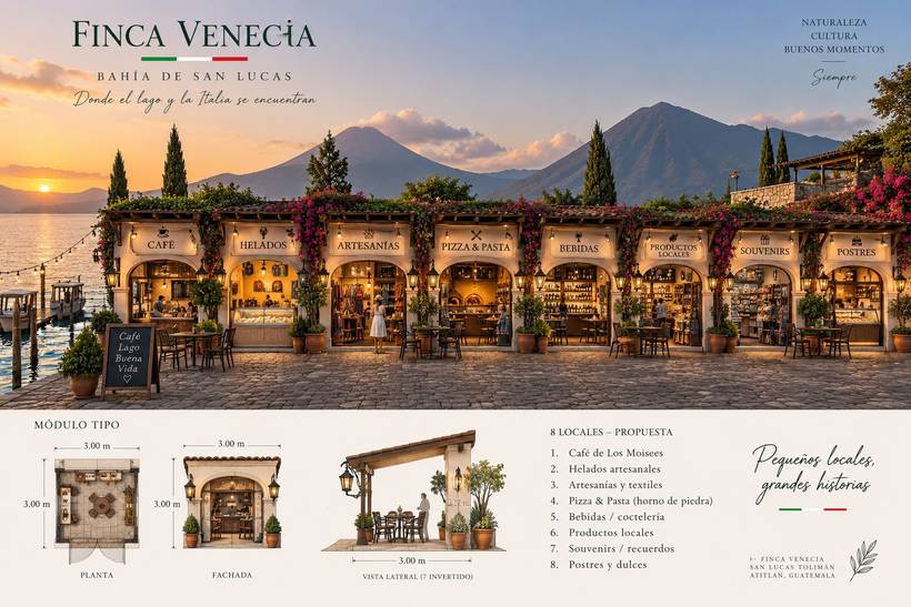 Illustrazione del progetto del Paseo Venecia: piccoli locali ad arco affacciati sul lago e sui vulcani